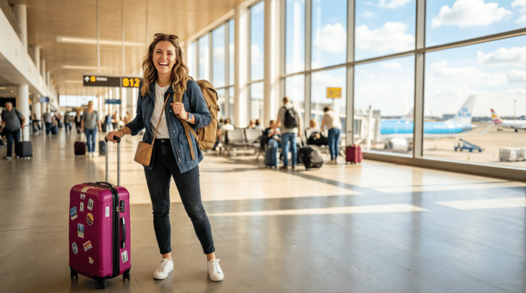 Gut gelaunte Frau mit pinkem Koffer am Flughafengelände